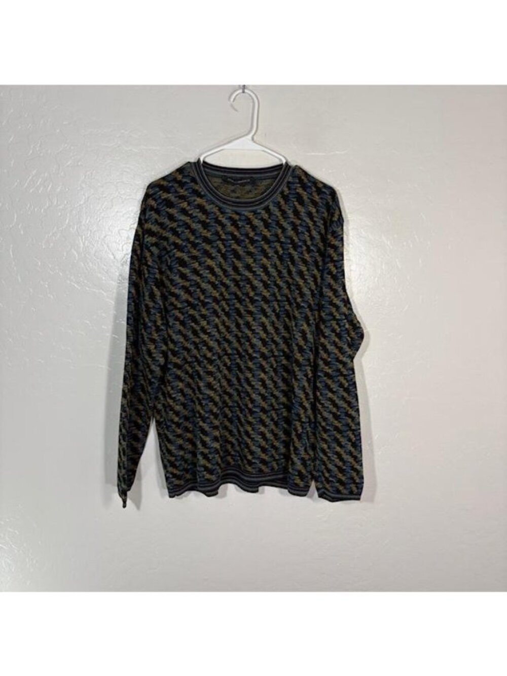 Jhane Barnes Sweater Mens XL Blue Green Silk Blend Geometric Knit Pullover